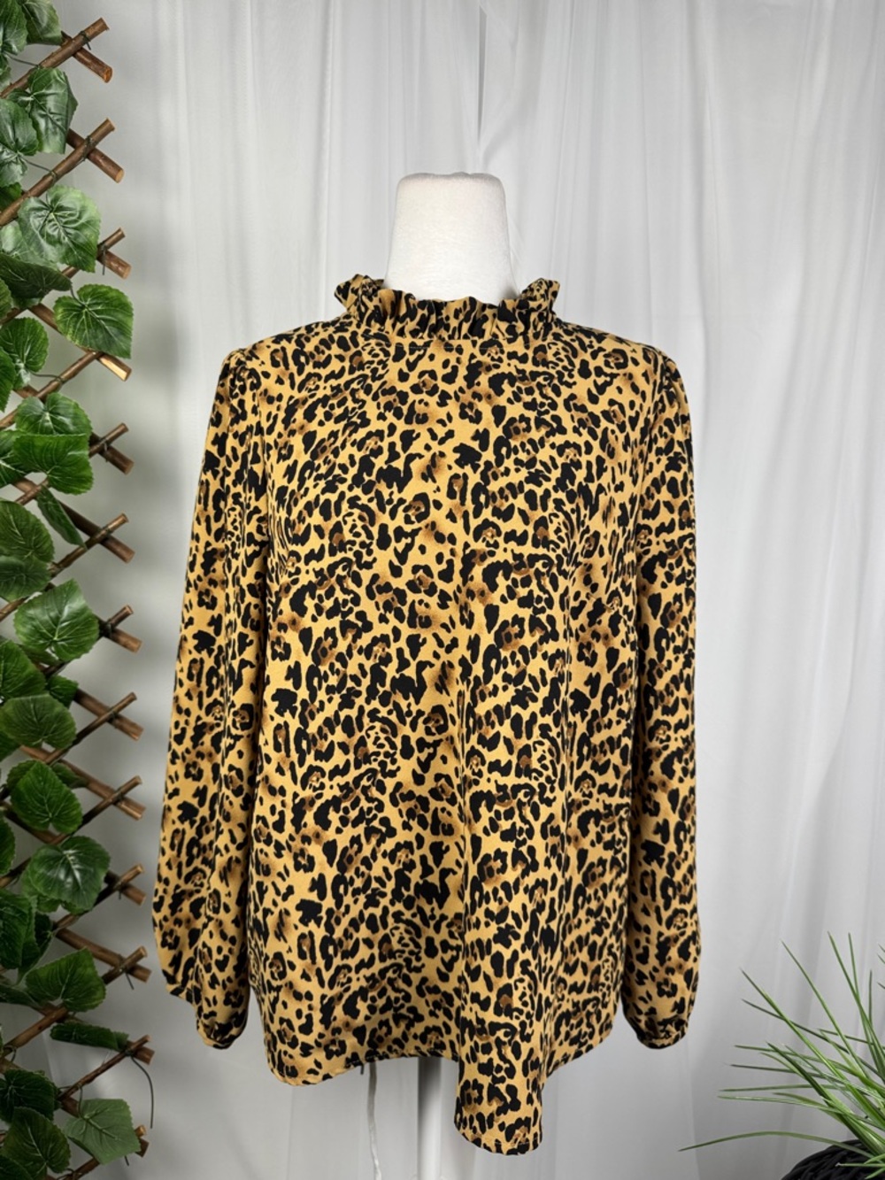 J. Crew Leopard Ruffle-Neck Blouse - Black & Tan